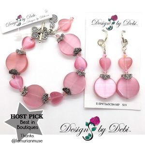 Pink Cat's Eye & Scrolls Bracelet/Earrings